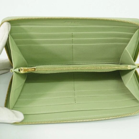 CELINE Leather Round Zip Wallet Light Green Dark Green Gold - Picture 10 of 10